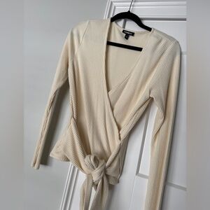 Cream ribbed wrap around bow tie sweater